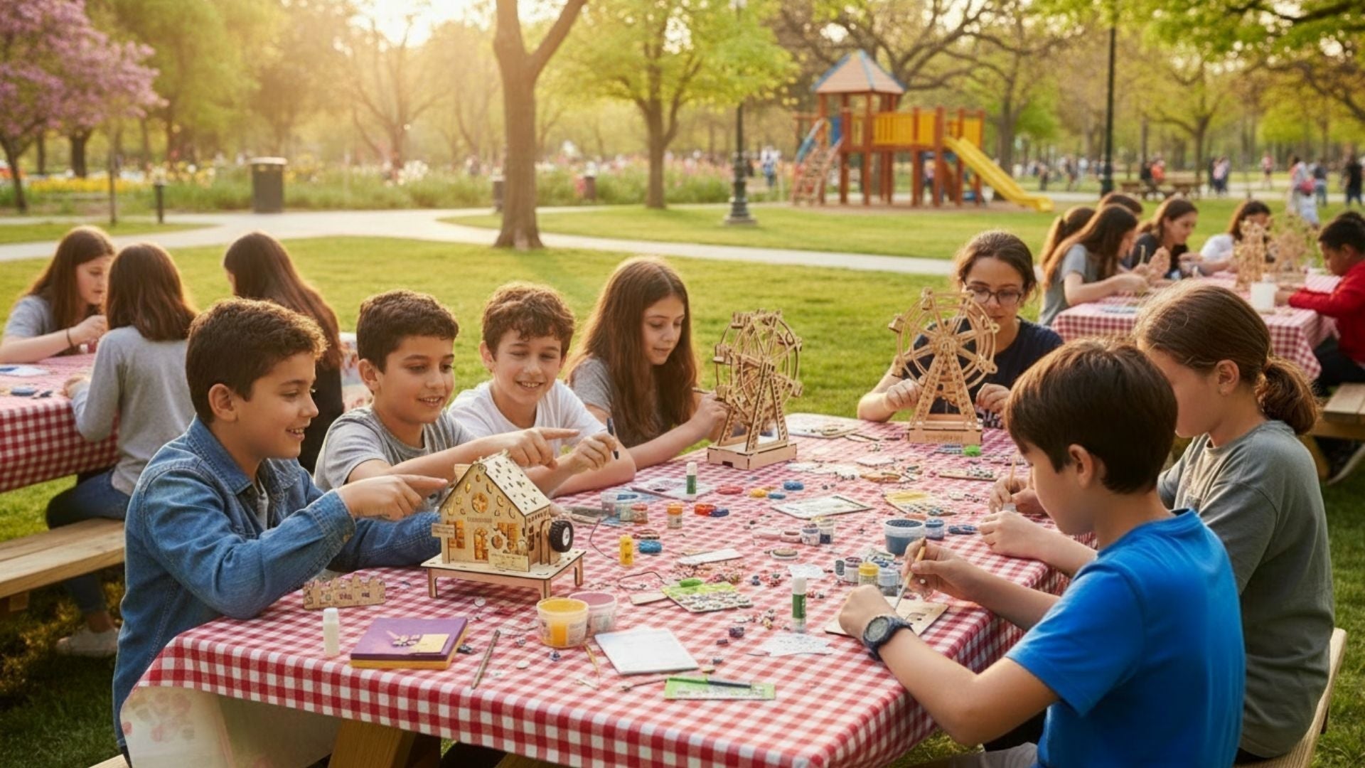 Inspirely | The Birthday Party Kids Will Talk About All Year - And Parents Will Too |Children aged 7 to 11 building wooden Inspirely STEM kits at a birthday party table with playground in background