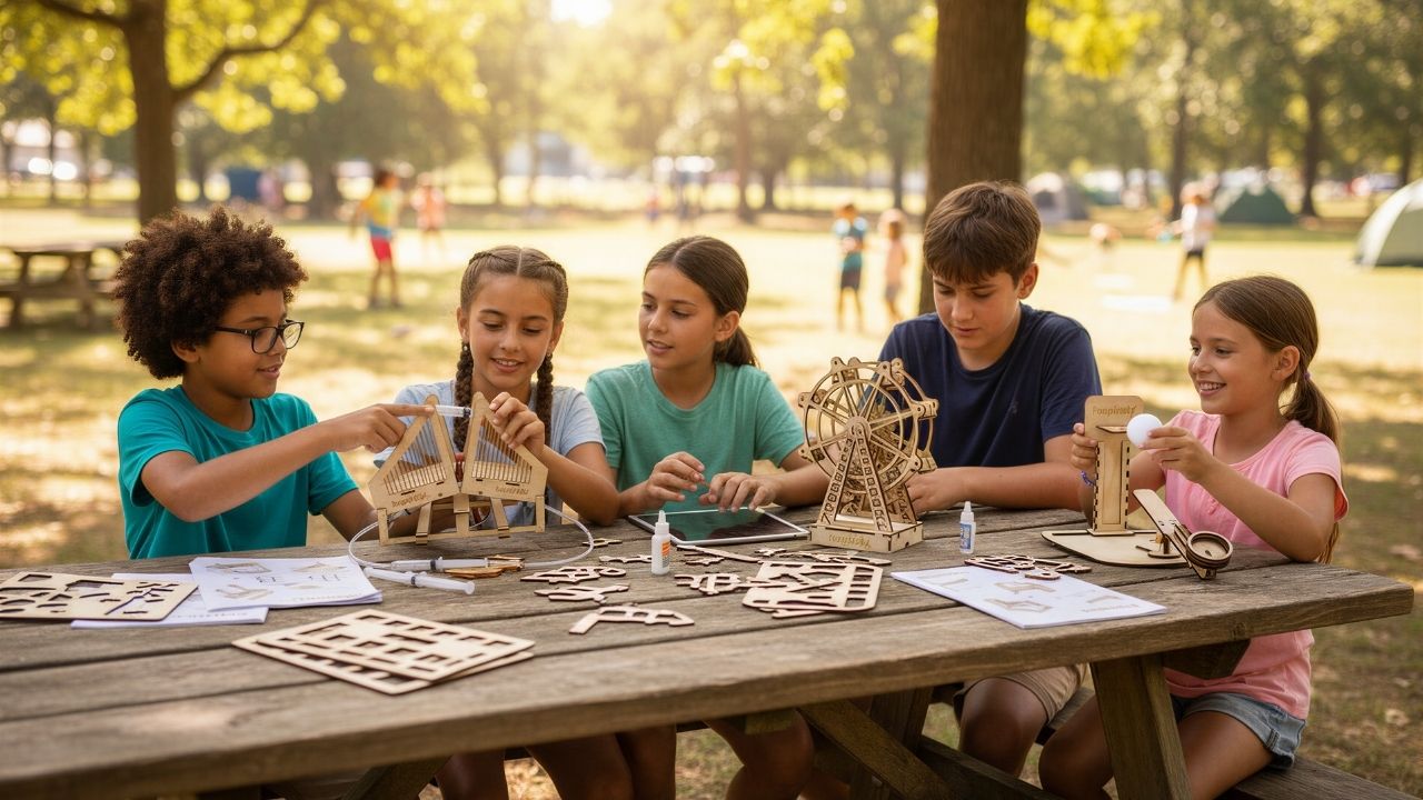 Give Campers Career Confidence in One 90-Minute Session | Camp director reviewing STEM kit materials at a table, Inspirely kit boxes stacked beside them, outdoors