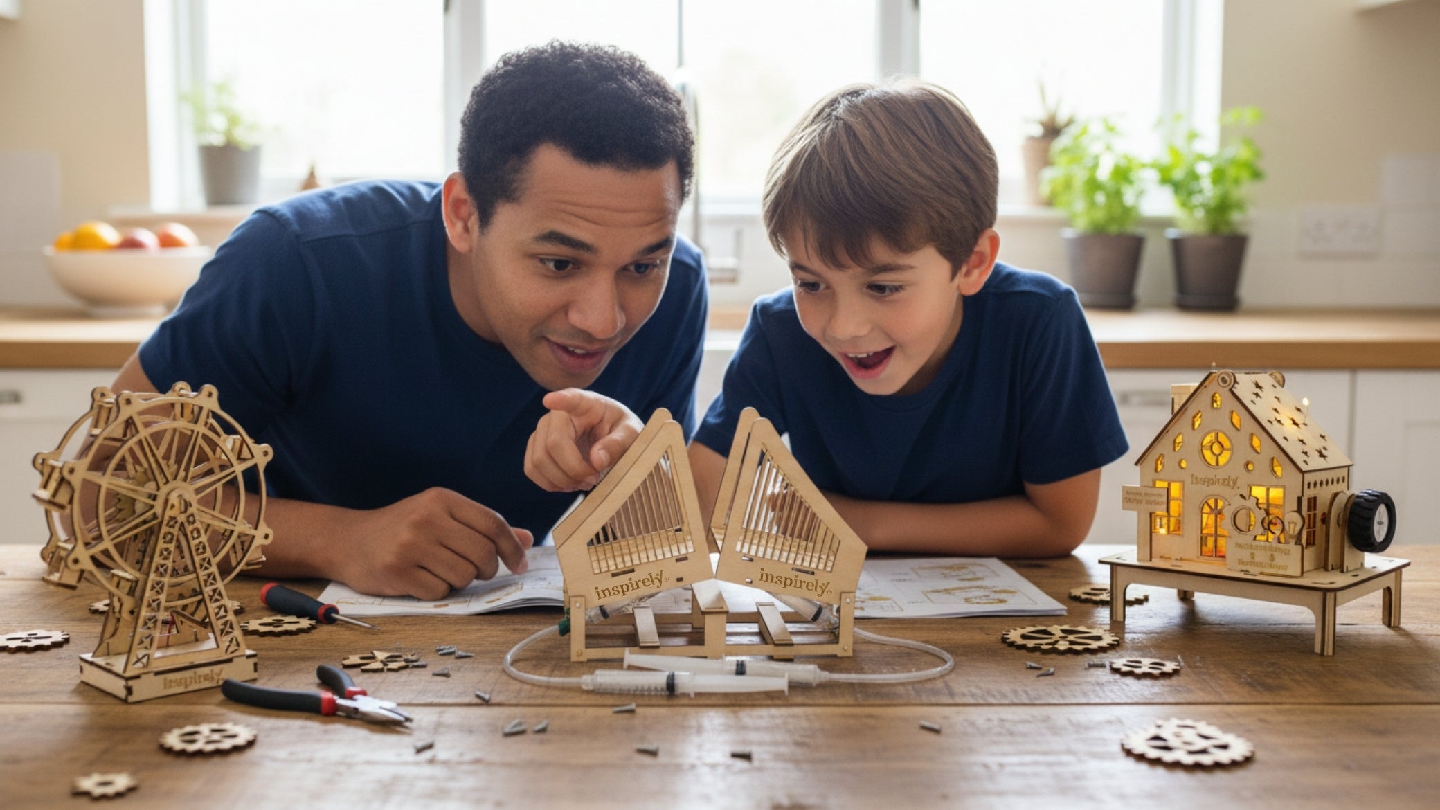 best stem kits or toys to buy in 2026 parent's guide to choose | Parent aged 35 and child aged 10 sitting at kitchen table examining wooden STEM engineering models, warm natural daylight, home setting