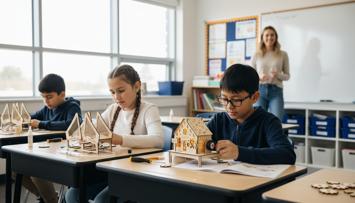 How Schools and Camps Build Career-Ready Kids Through STEM |Group of students aged 9 to 11 each building their own Inspirely STEM kit at desks in a Canadian classroom | Inspirely Education