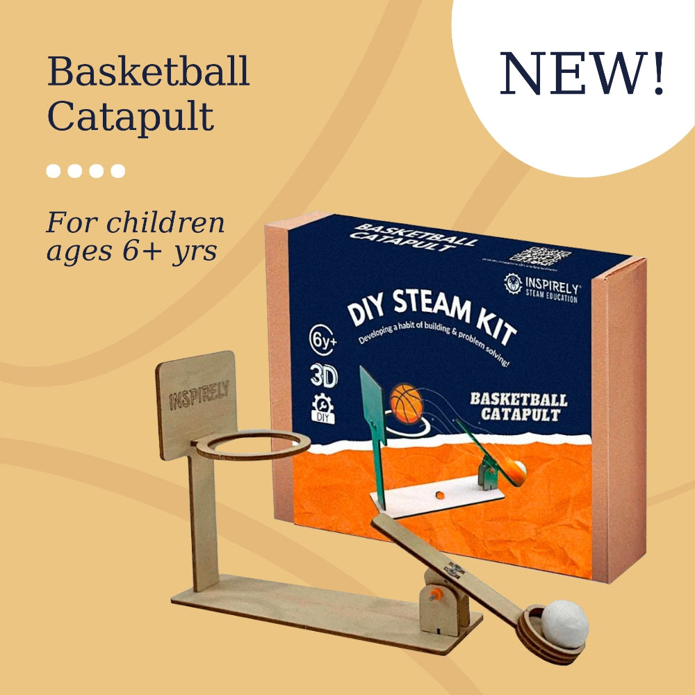 Basketball catapult DIY Inspirely |STEAM Education DIY Do It Yourself engineering science school project STEM STEAM Kits activity box Building Art Kit Craft workshop Kid boy girl wooden math subscription educational toy top best parent choice engineering science robotics 2022 parent choice educational learning cool wow best