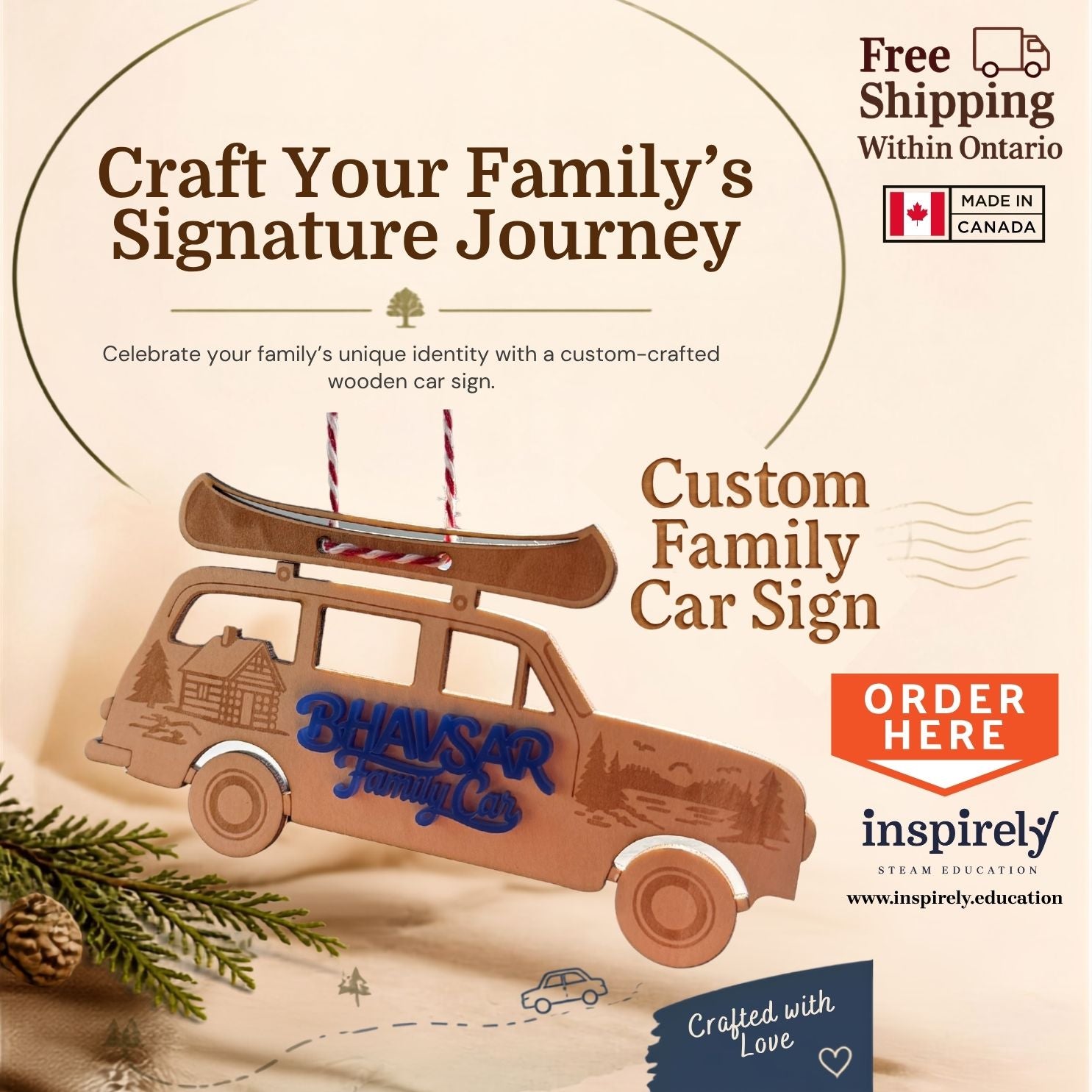 Custom wooden family car ornament personalized holiday gift Canada 24.95 free Ontario shipping unique Christmas gift laser engraved family name keepsake. Available for shipment within Ontario - Toronto, Brampton, Mississauga, Caledon, Peterborough & more