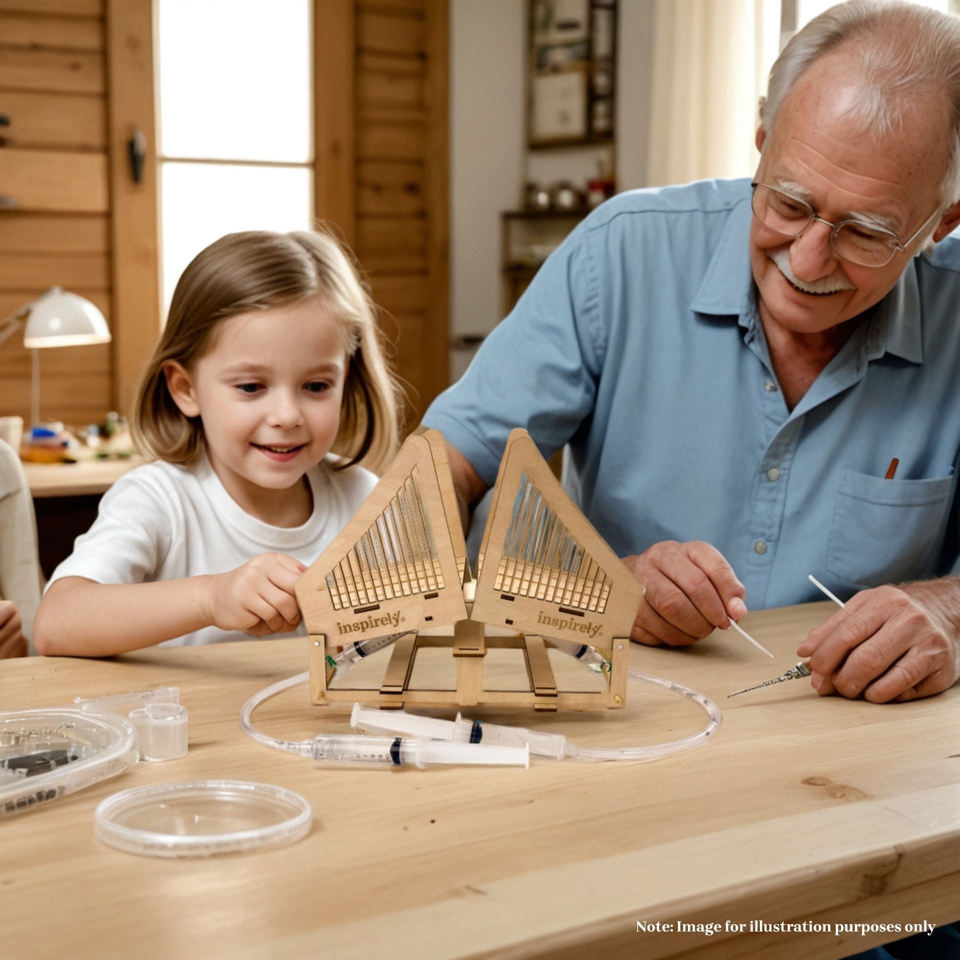 Grand parent helping kid building model kits