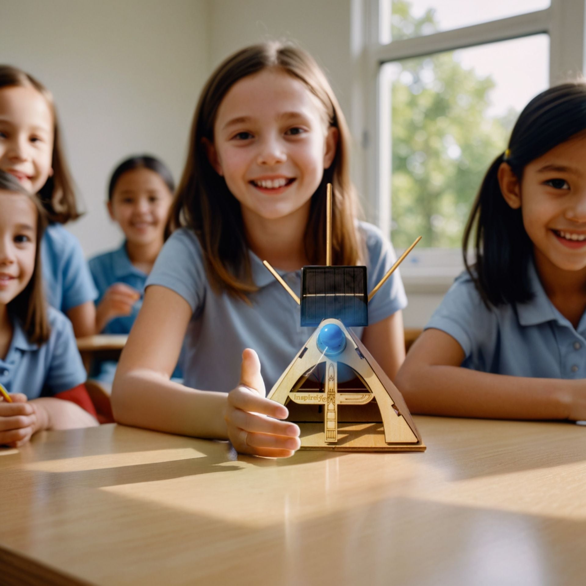 Kids in class show an Inspirely solar teepee kit