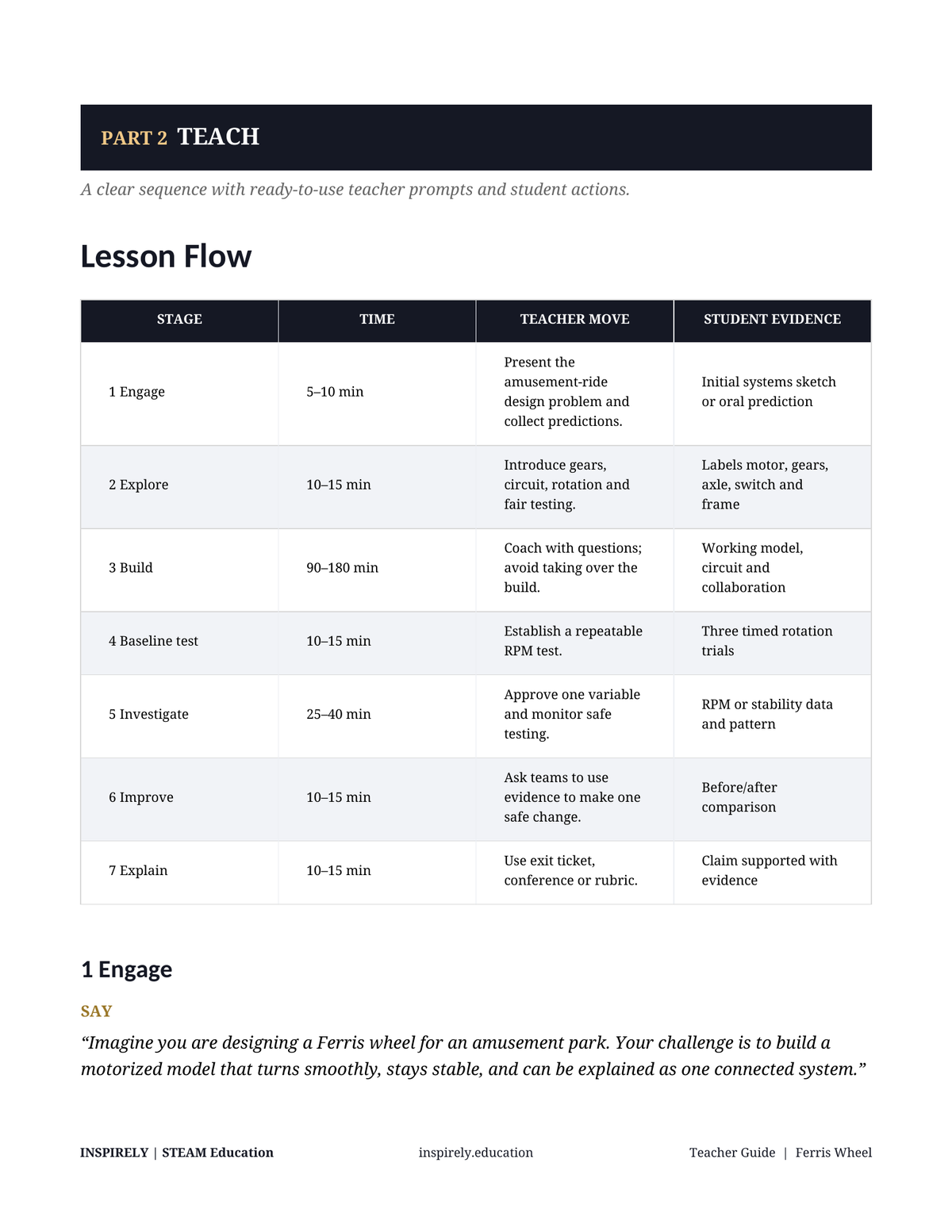 Ferris Wheel teacher lesson plan preview showing lesson stages, teacher prompts, student evidence and an engineering challenge.