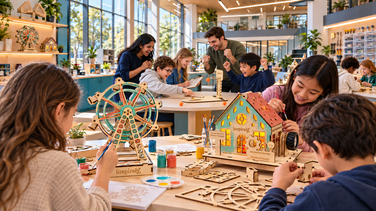 Children paint and assemble Inspirely Ferris Wheel and Dynamo Power House kits in a modern youth engineering lab while another group enjoys a scored Basketball Catapult challenge.