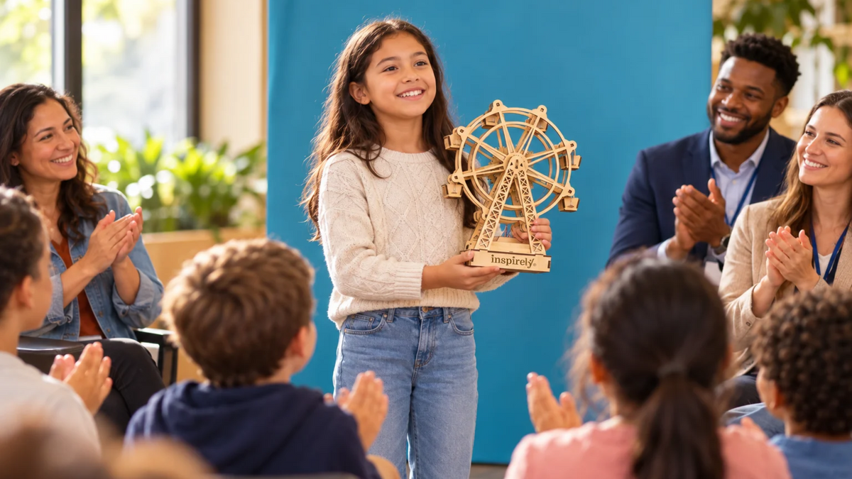 Child proudly presenting a completed Inspirely STEM project