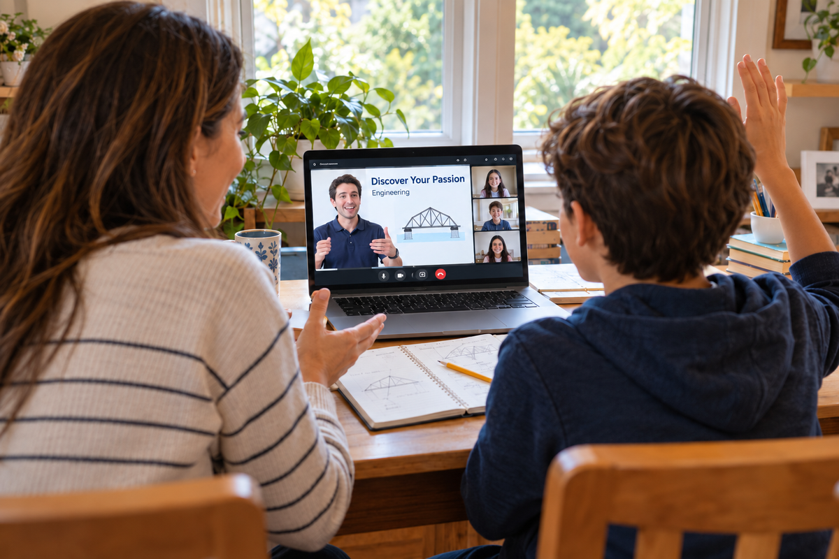 View from behind a mother and middle-school student participating in a live Discover Your Passion engineering workshop at home.
