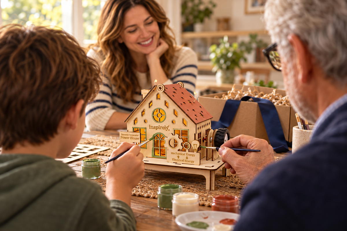 Over their shoulders, a grandfather and grandson paint the front of a Dynamo Power House while the adult daughter shares their creative gift afternoon.