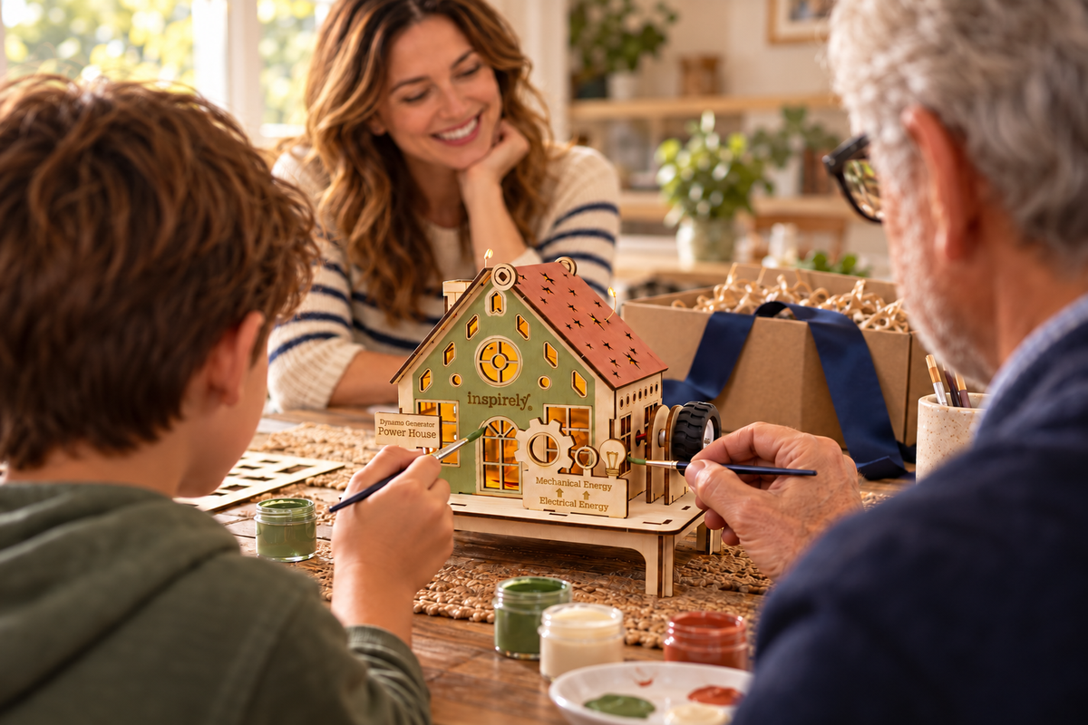 View from behind a child and grandfather painting an Inspirely Dynamo Generator Power House, with a terracotta roof and sage green front, as a shared family gift.