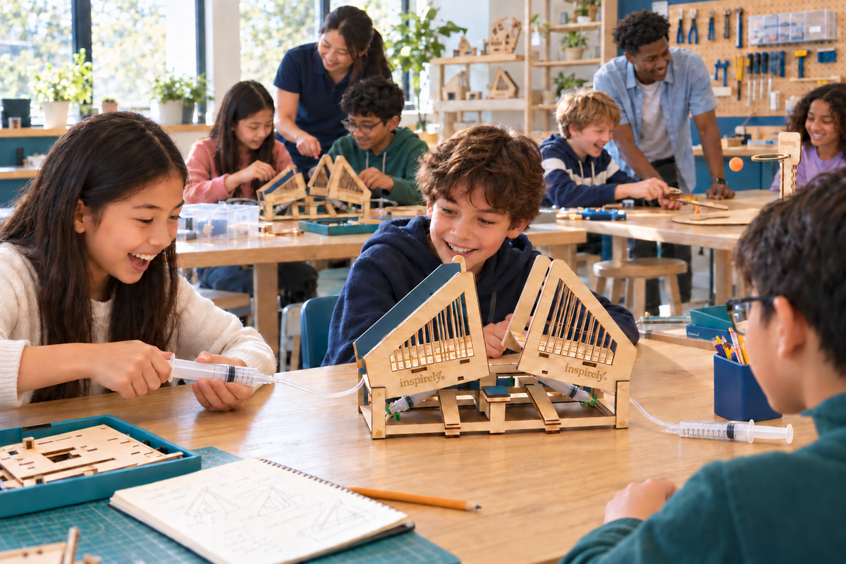 Children test an Inspirely Hydraulic Bridge in a creative engineering lab, supported by mentors while other students assemble and explore STEM projects.
