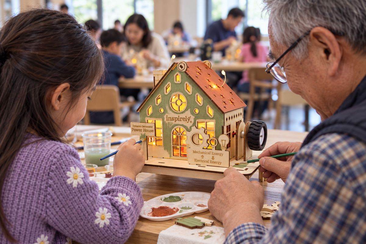 Grandfather and granddaughter paint the front of an Inspirely Dynamo Generator Power House with a terracotta roof at a community workshop.