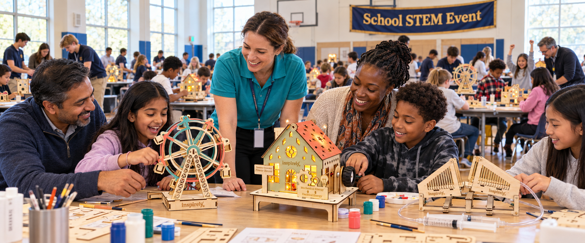 Families, teachers and university volunteers enjoy a school-wide STEM event with Inspirely Ferris Wheel, Dynamo Generator Power House and Hydraulic Bridge kits.