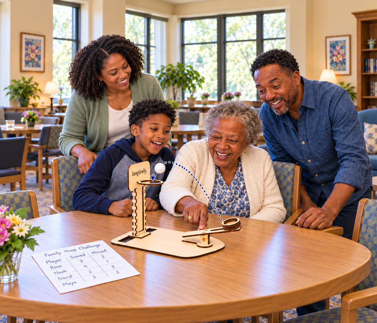 A grandmother takes an Inspirely Basketball Catapult shot with her grandson, son and daughter-in-law, with a visible foam ball, dotted trajectory and handwritten family scorecard.