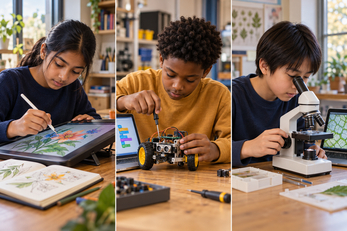 Illustrative collage of children exploring digital art, a programmable robot and microscopy.