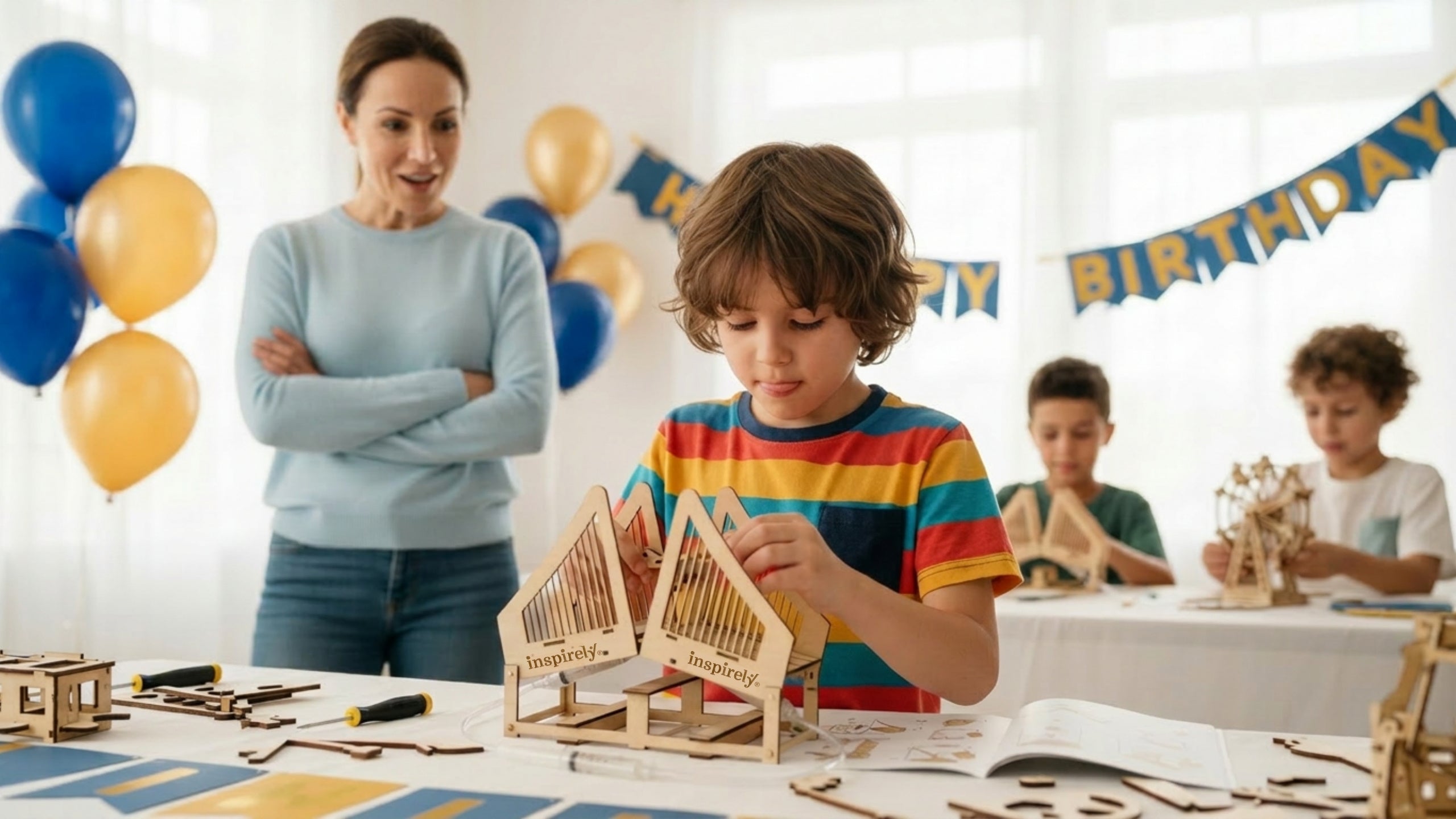 Parent - mother standing back watching their child concentrate on building a wooden STEM kit at a birthday party, expression of quiet pride
