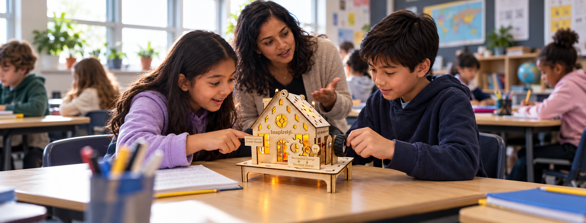 Students explore an Inspirely Dynamo House kit in class