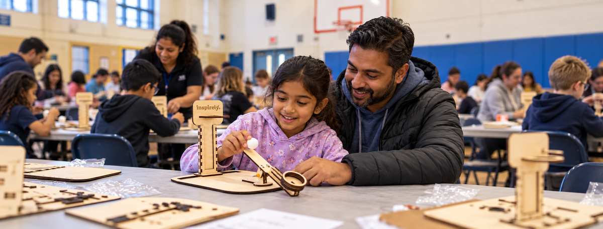 Family builds an Inspirely Basketball Catapult at a school event
