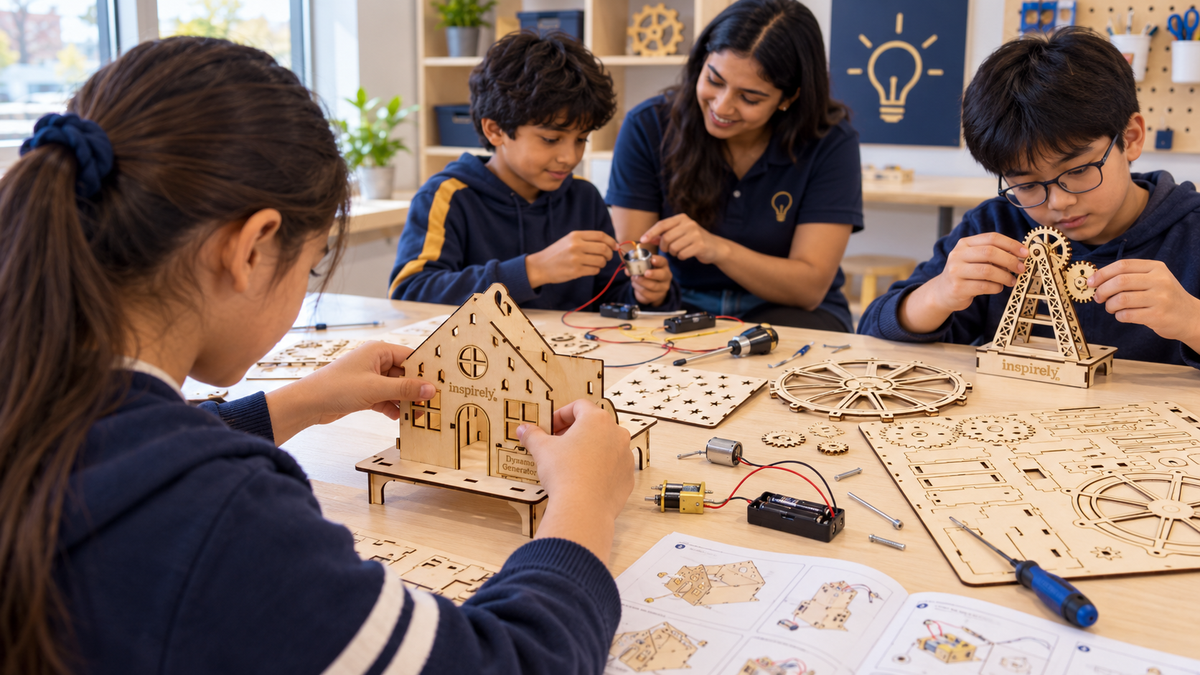 Illustration of children assembling Inspirely wooden engineering projects with laser-cut sheets, motors, gears and wires.