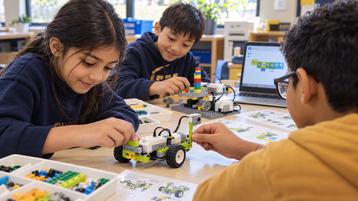 Illustration of children assembling a motorized LEGO rover and testing an earthquake simulator.