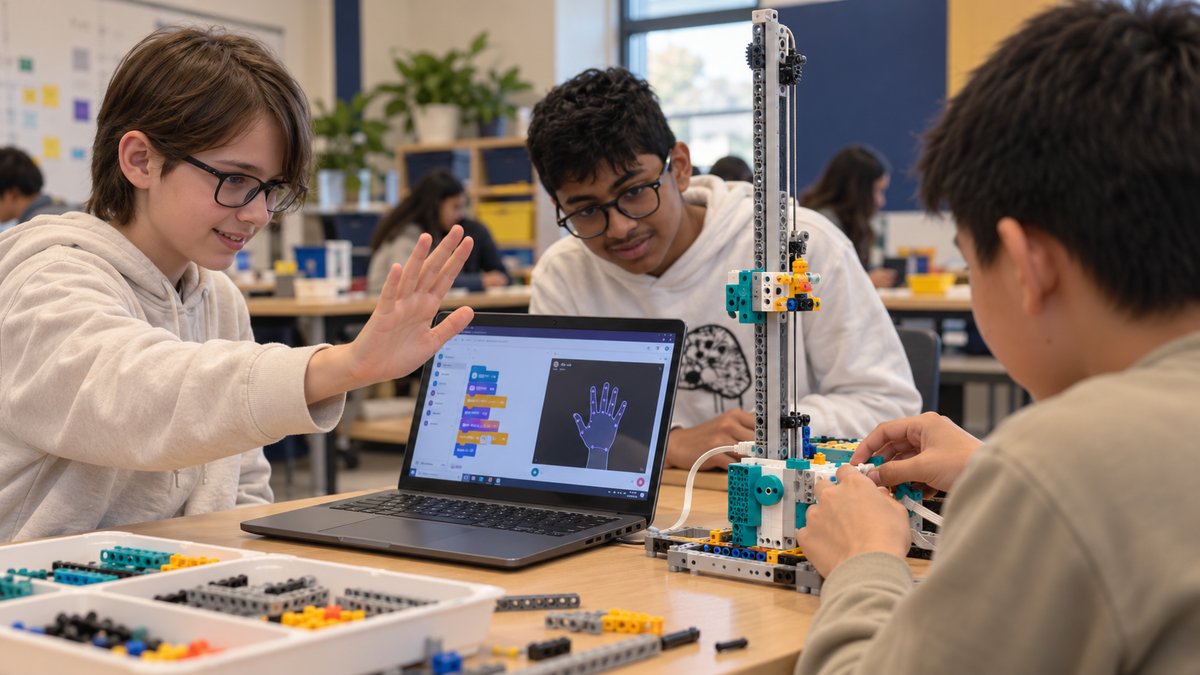 Illustration of students testing a hand-gesture-controlled LEGO project using a laptop camera.