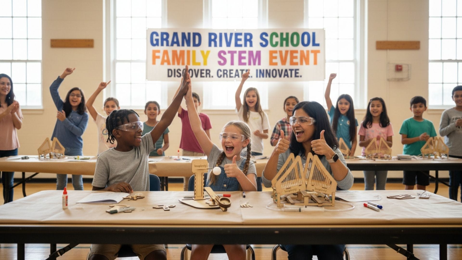 The Fundraiser That Builds Career-Ready Students | Children at an elementary school building Inspirely STEM kits during a school fundraising event, parents watching