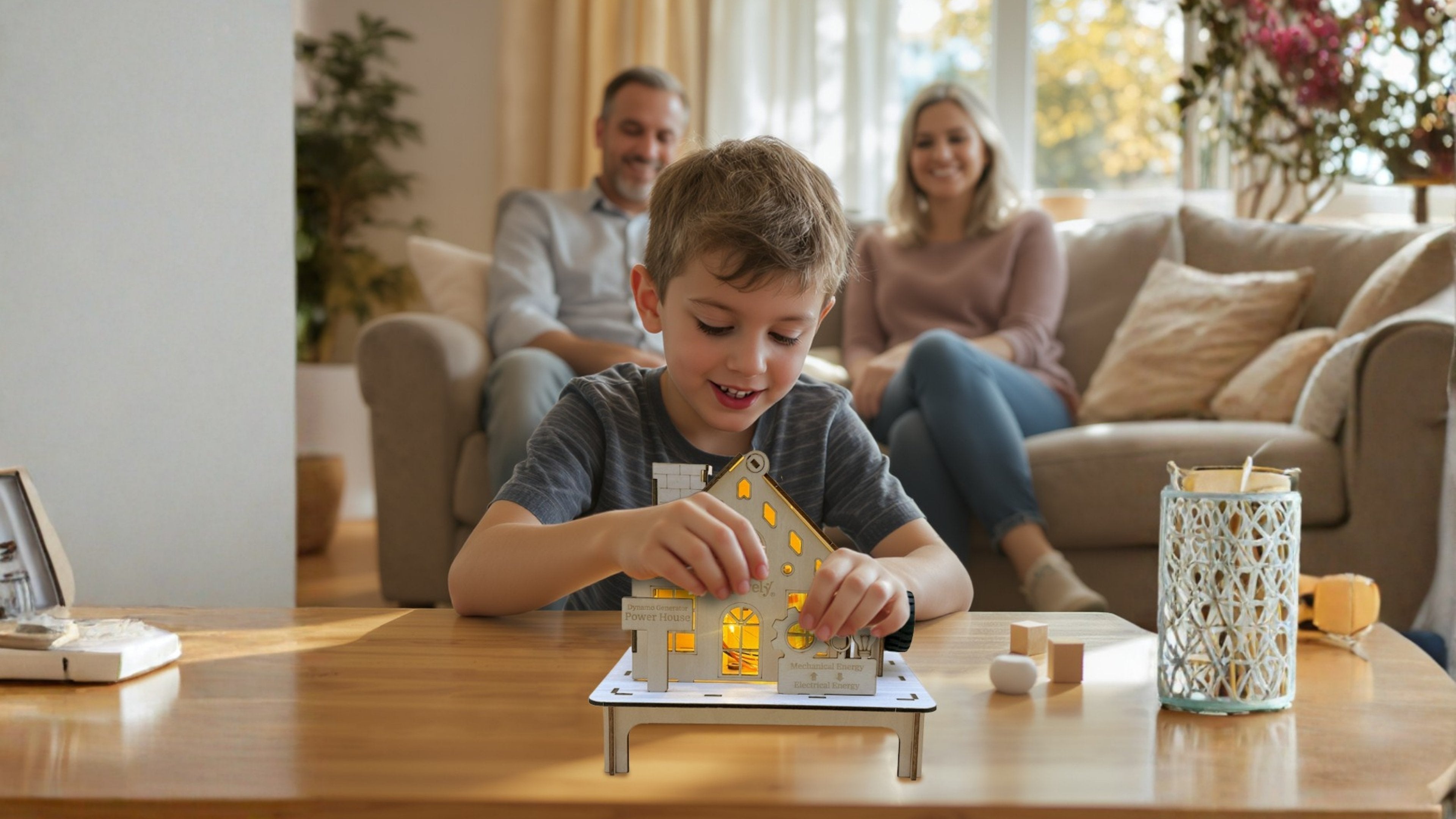 Child aged 9 holding up a completed Inspirely STEM kit model, smiling, kitchen background