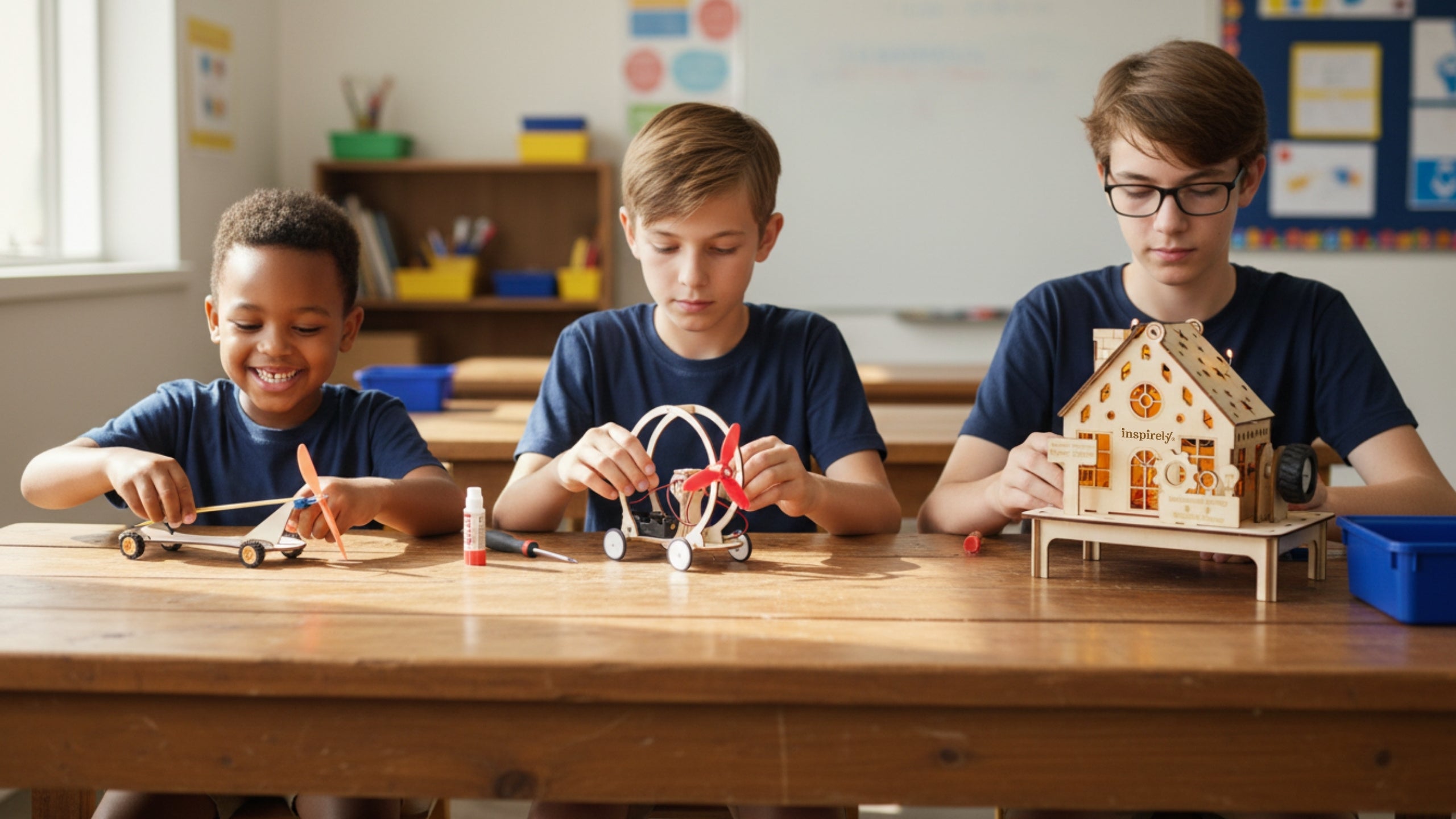 STEM Kits by Age - The Right Kit at the Right Stage (Ages 5–16) |Three children of different ages - 6, 10 and 13 - each building progressively complex STEM kits at a table