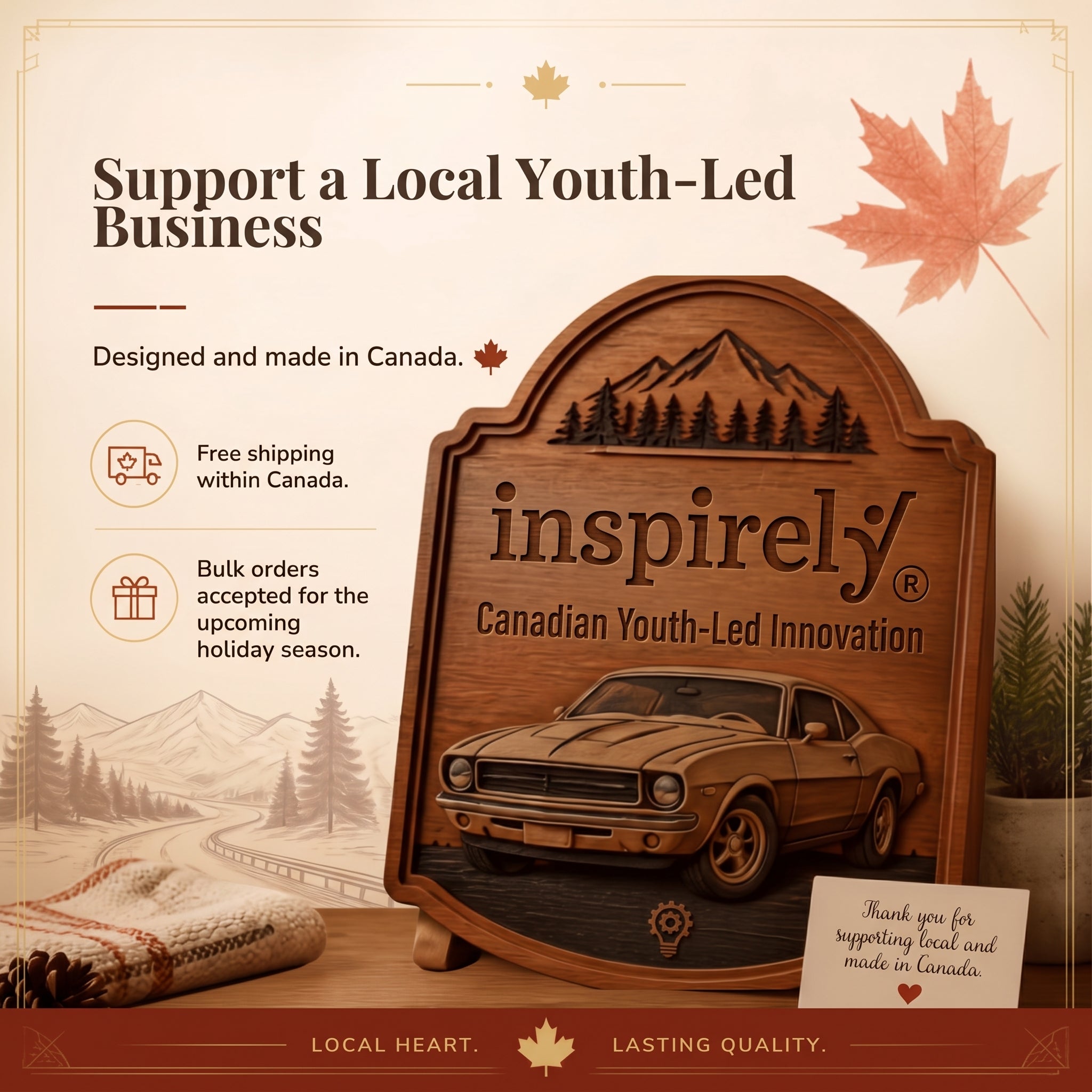 Custom engraved wooden car sign featuring Inspirely branding and Canadian Youth-Led Innovation gift set for holidays, back to school, made from premium craft wood, designed and produced in Brampton Ontario Canada. 