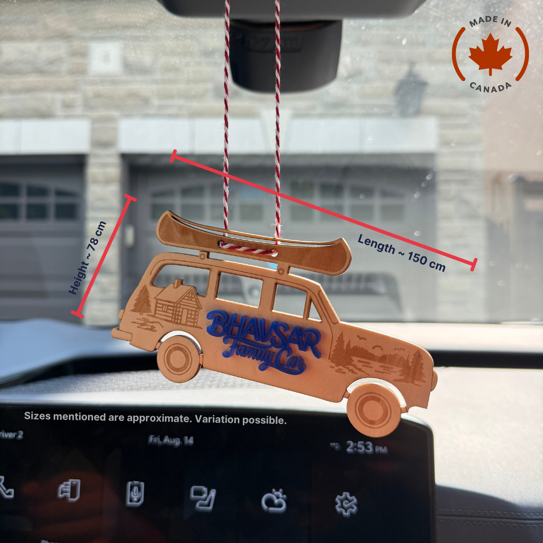 Custom engraved wooden family car ornament personalized gift hanging rear view mirror made in Canada unique holiday gift for families laser engraved name ideal premium promotional products for corporate holiday gifting, size specification 150 mm by 78 mm
