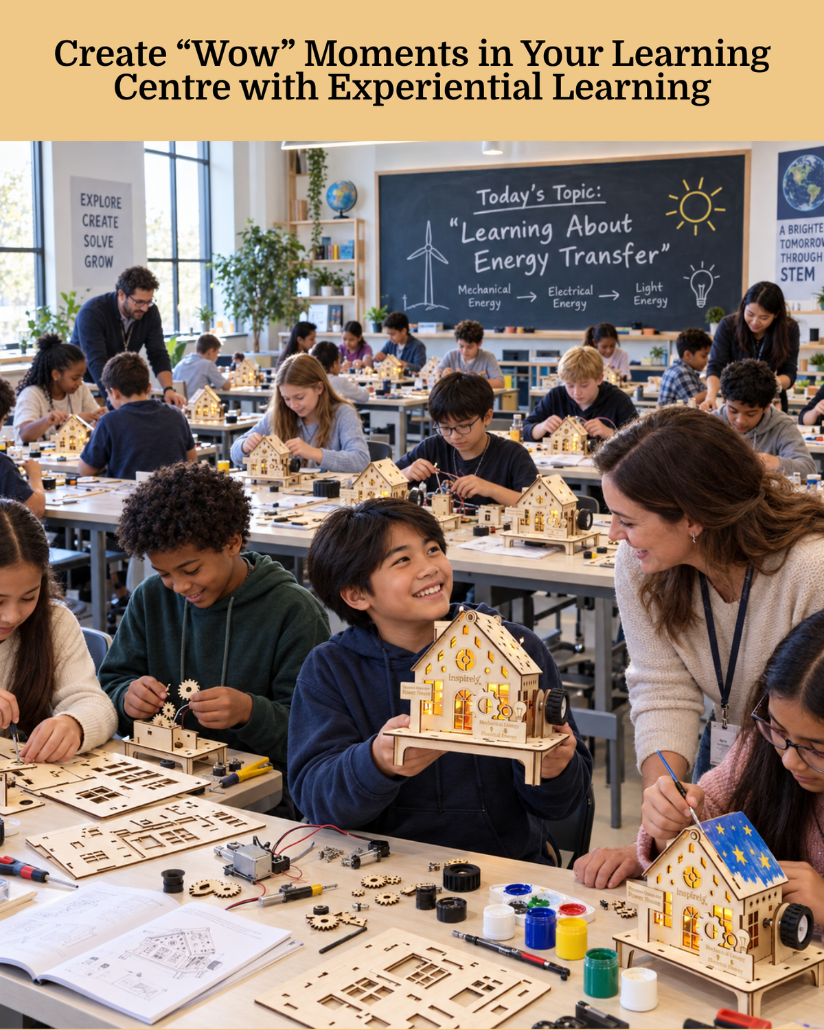 A bright classroom scene in learning centre with children and a teacher working at desks, building wooden house models and handling small electronic components. A large tan banner at the top reads, 'Create "Wow" Moments in Your Learning Centre with Experiential Learning - Inspirely Education - Designed in Canada, Supporting Youth-Lead Innovation. 