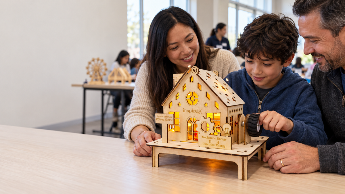 Families take part in an Inspirely STEM workshop at a company campus.