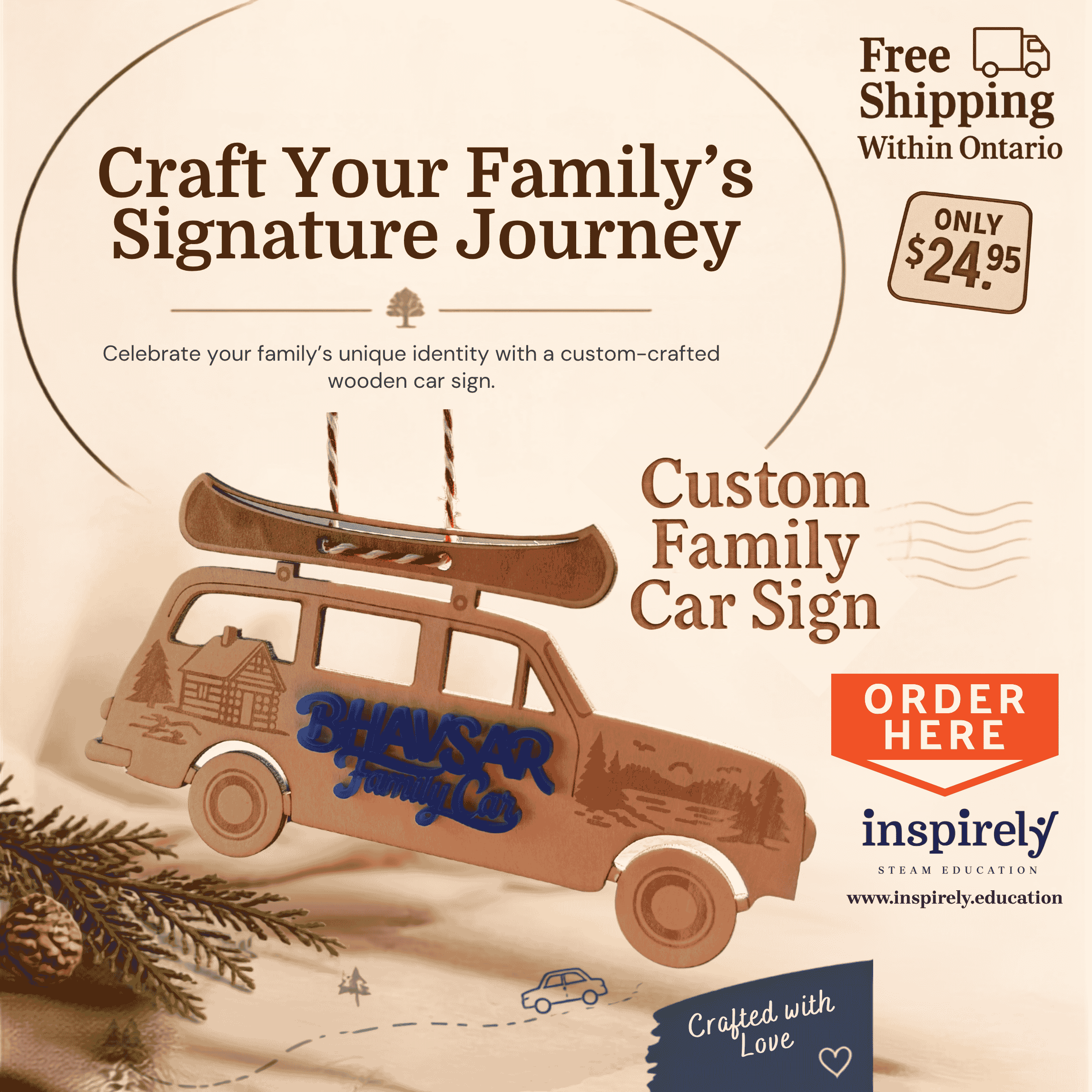 Custom wooden family car ornament personalized holiday gift Canada 24.95 free Ontario shipping unique Christmas gift laser engraved family name keepsake. Available for shipment within Ontario - Toronto, Brampton, Mississauga, Caledon, Peterborough & more