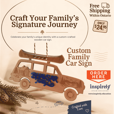 Custom wooden family car ornament personalized holiday gift Canada 24.95 free Ontario shipping unique Christmas gift laser engraved family name keepsake. Available for shipment within Ontario - Toronto, Brampton, Mississauga, Caledon, Peterborough & more