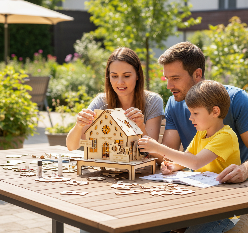 Parents building model kit with kid