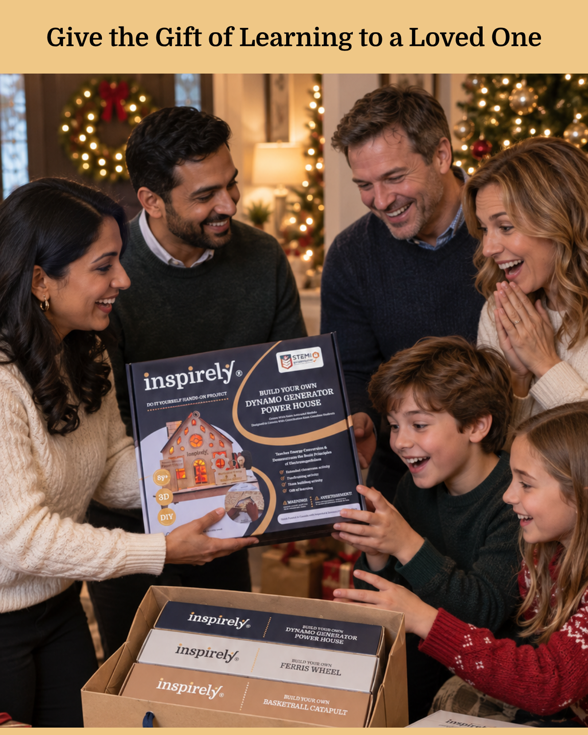 A family of six gathered around a box of Inspirely learning products in a cozy, decorated Christmas home. A man holds up the 'inspirely" STEM kit and giving as gift. Children looks super excited & happy by receiving fabulous holiday gift.