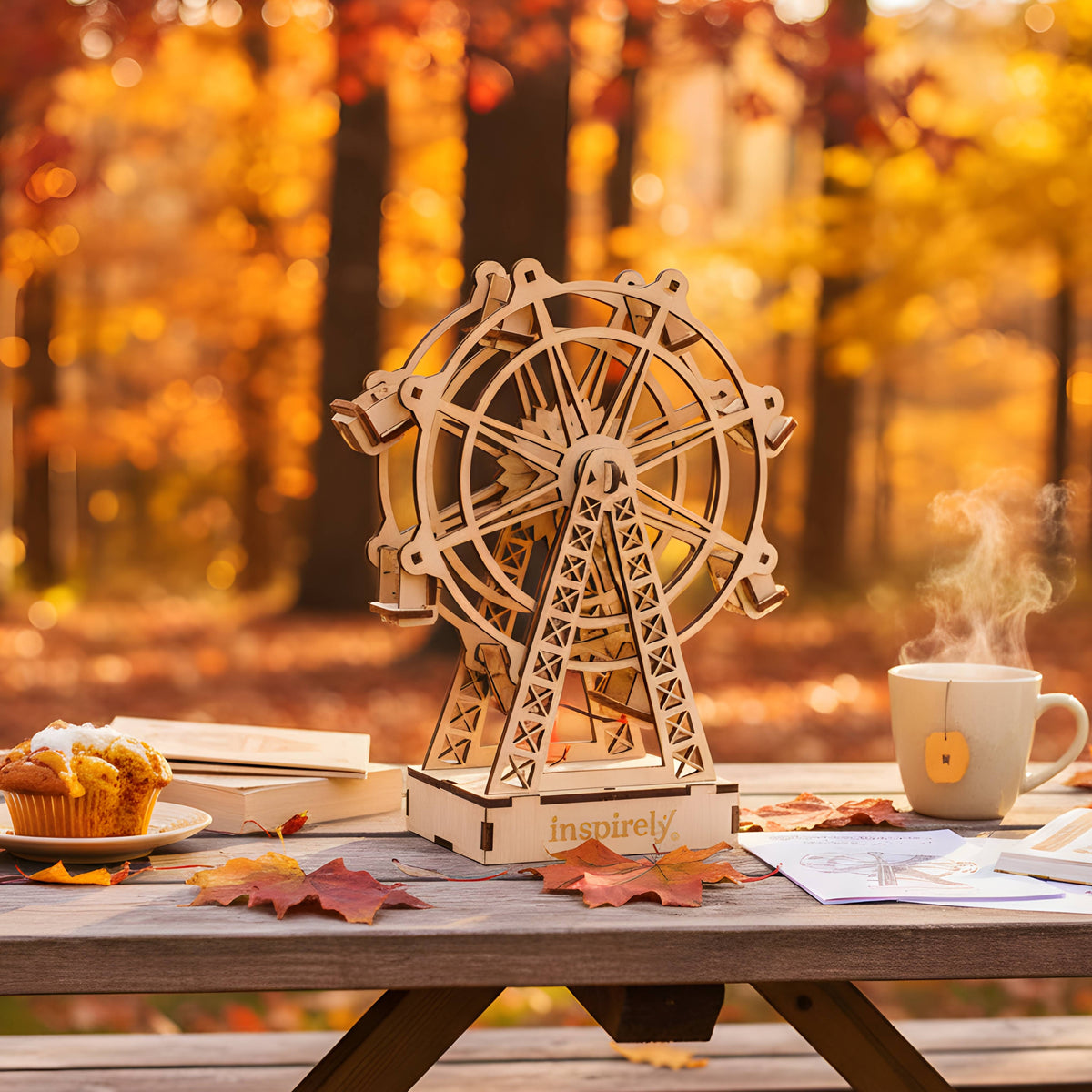 Inspirely wooden Ferris Wheel STEM kit with a fall season backdrop