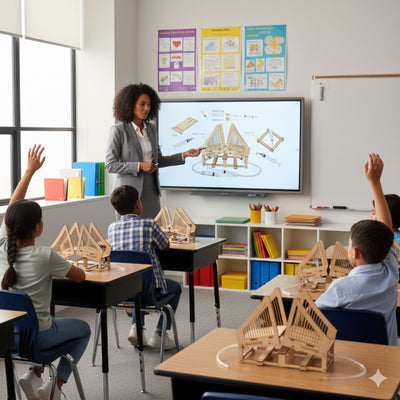 Teacher explaining hydraulic bridge STEM project to students