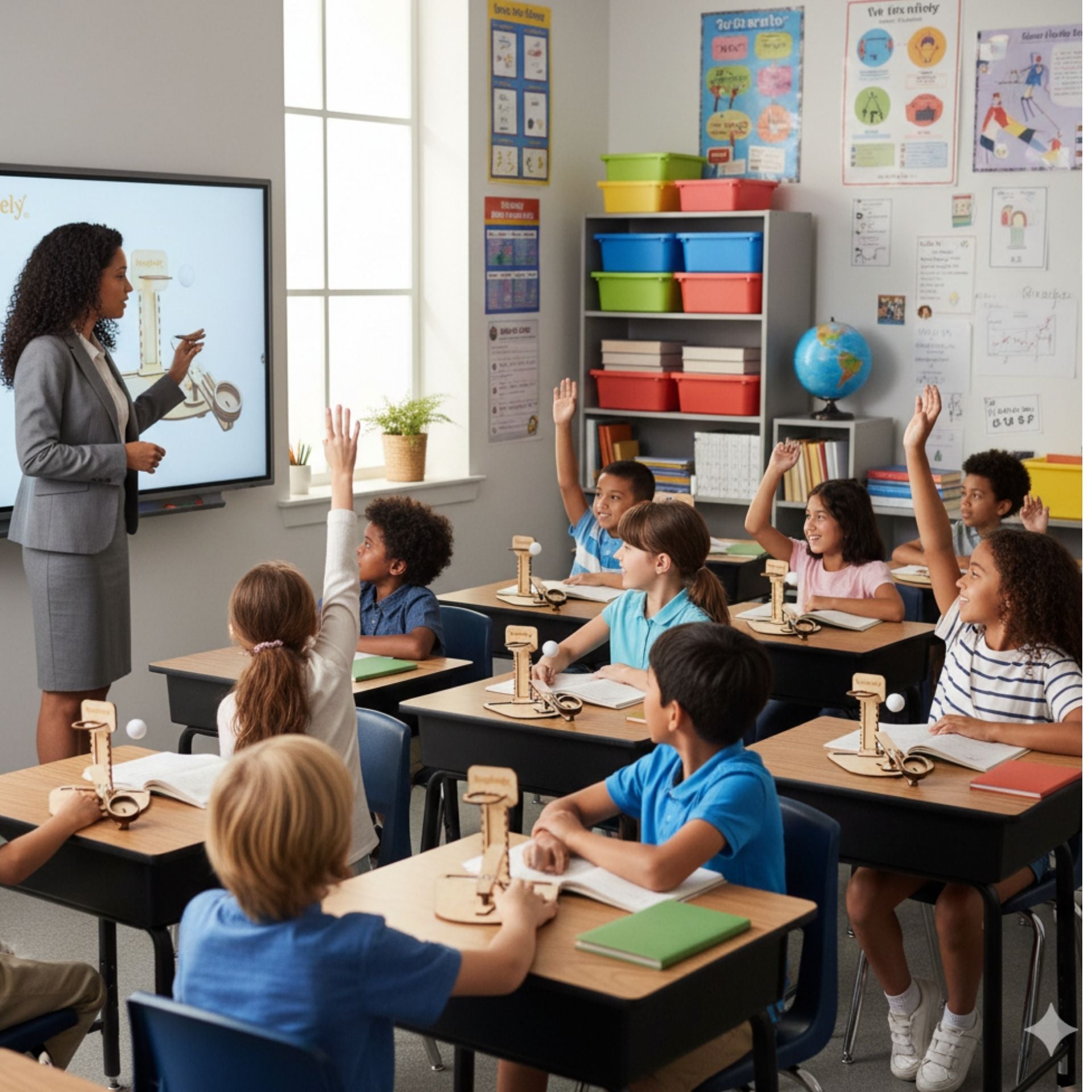 Teacher explaining basketball catapult STEM project to students