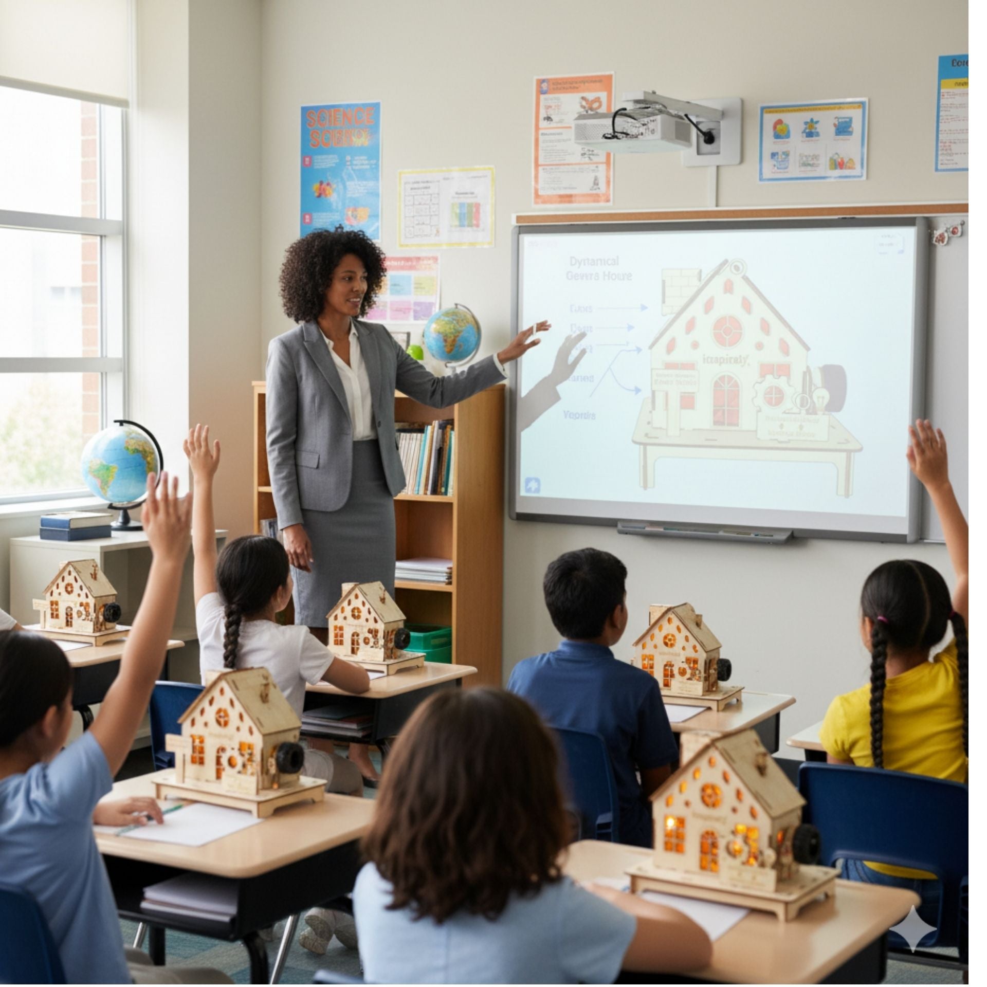 Teacher explaining dynamo house STEM kit to students