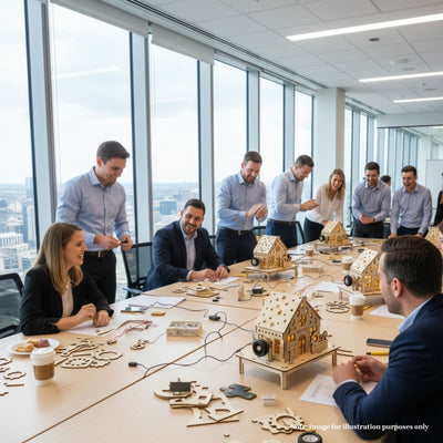 Professionals enjoy a corporate team-building workshop using Inspirely DIY wooden house STEM kits