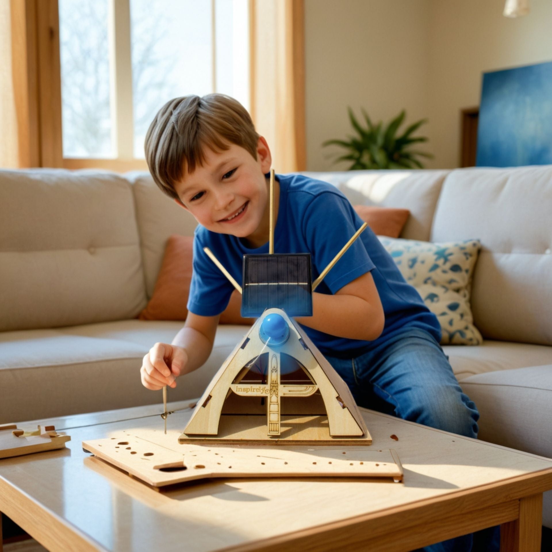 A boy builds an Inspirely solar teepee DIY kit