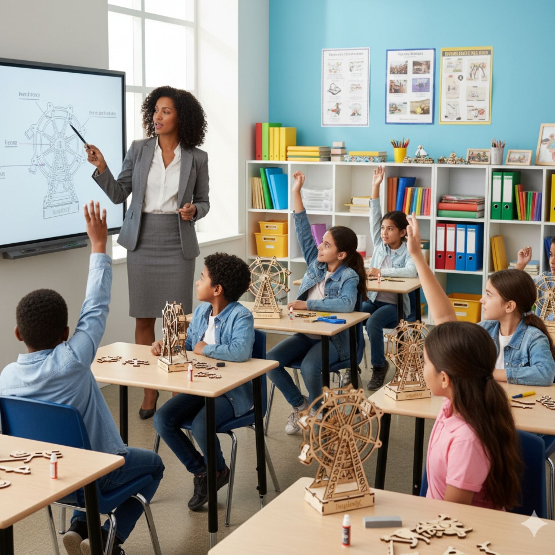 Teacher explaining Ferris Wheel STEM kit to students