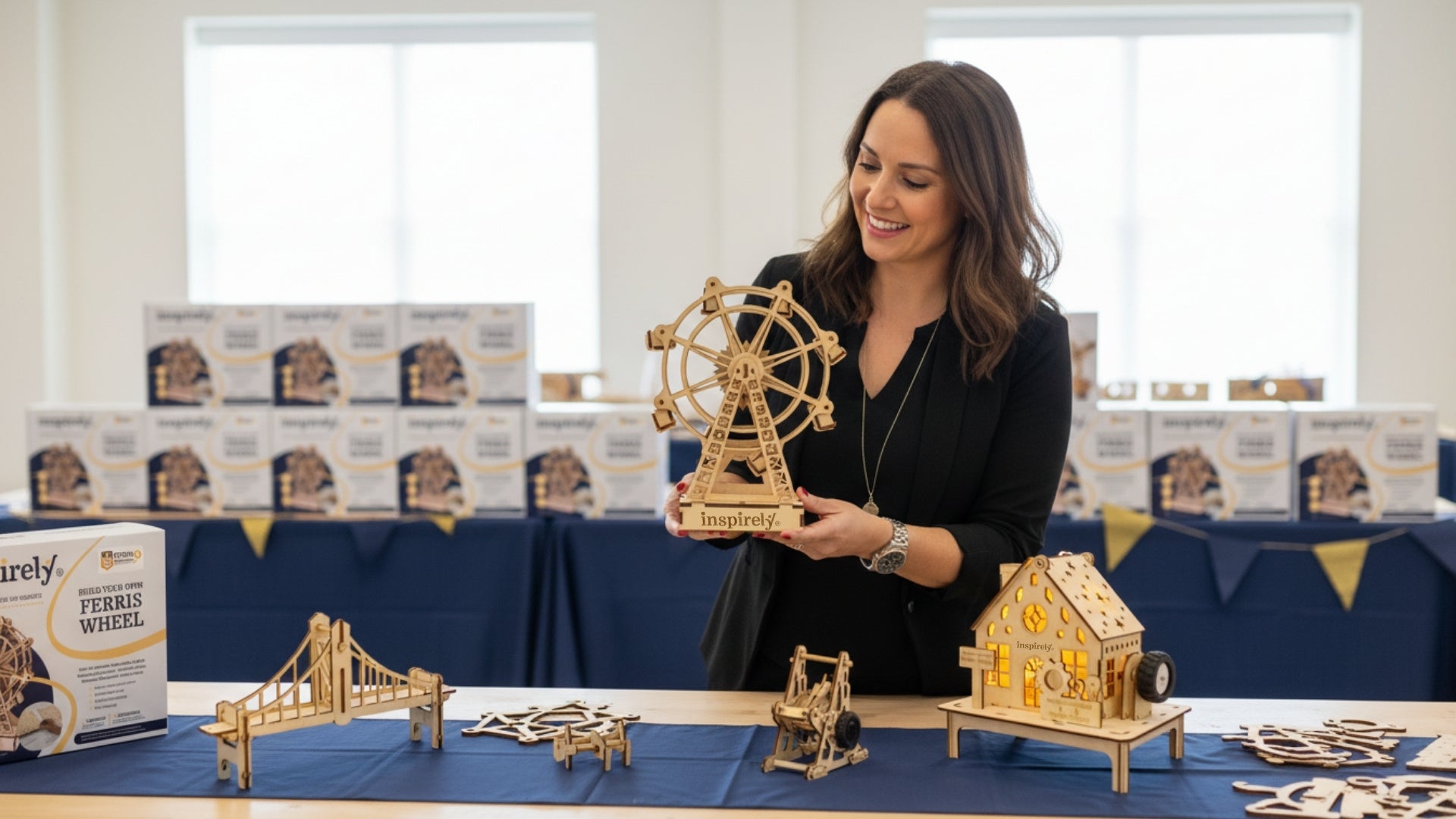 Professional Event Planner Showing Ferris Wheel In the background large stake of toy boxes are visible for large order