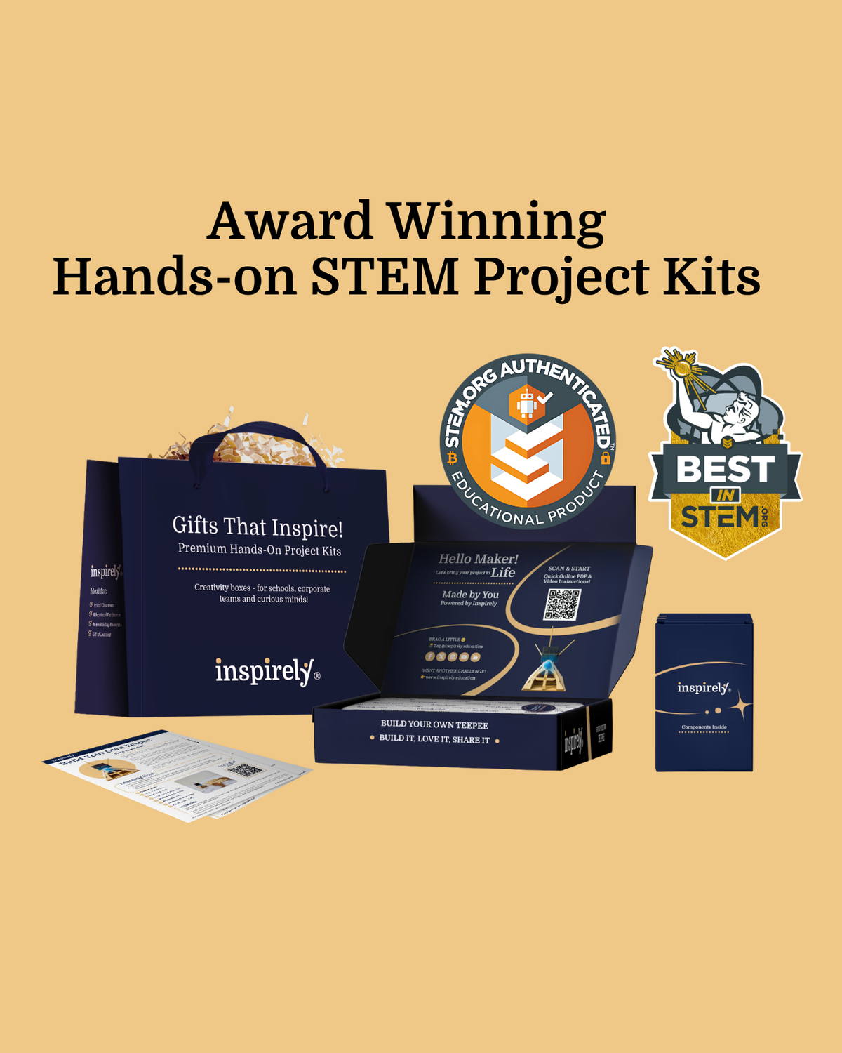 Award winning hands-on STEM project kits by Inspirely, shown with a navy blue gift bag, open presentation box, booklet, and small card on a warm beige background with original STEM.org Authenticated Educational product seal and Best in STEM award mark.