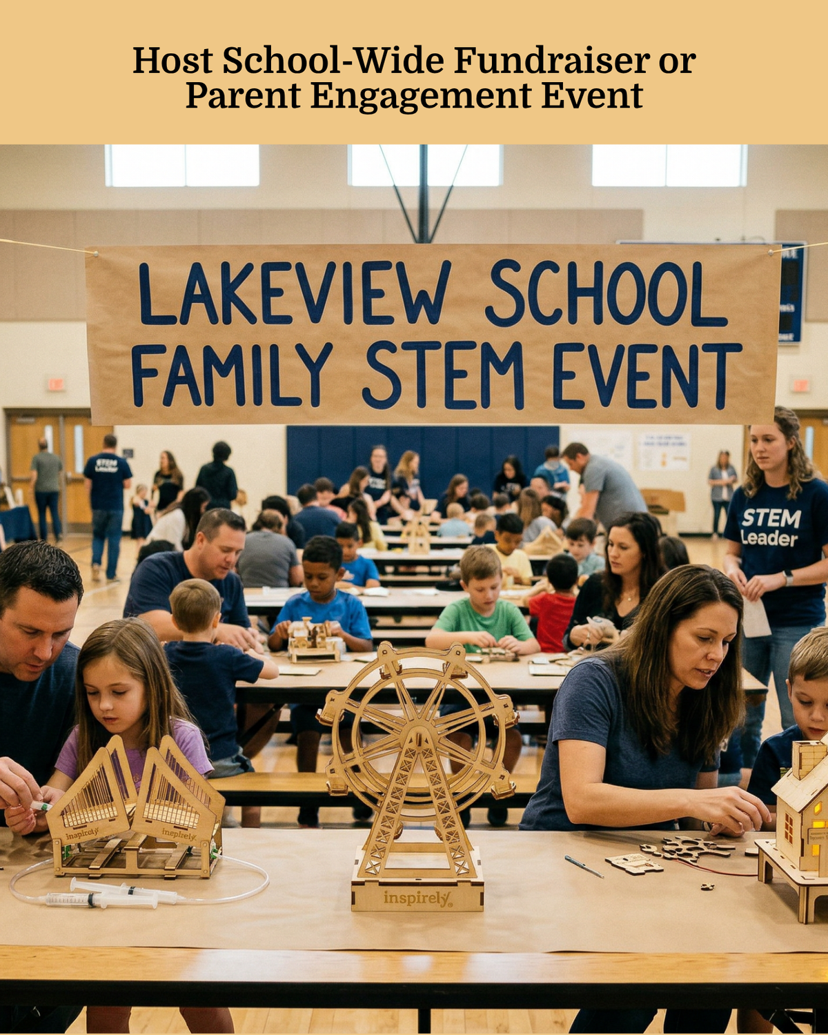 Inspirely STEM kits are used in school. A large banner reading 'LAKEVIEW SCHOOL FAMILY STEM EVENT' hangs in a gymnasium while children and adults work at tables building wooden models. Text at the top says 'Host School-Wide Fundraiser or Parent Engagement Event. Designed in Canada by Canadian Youth Inventors.