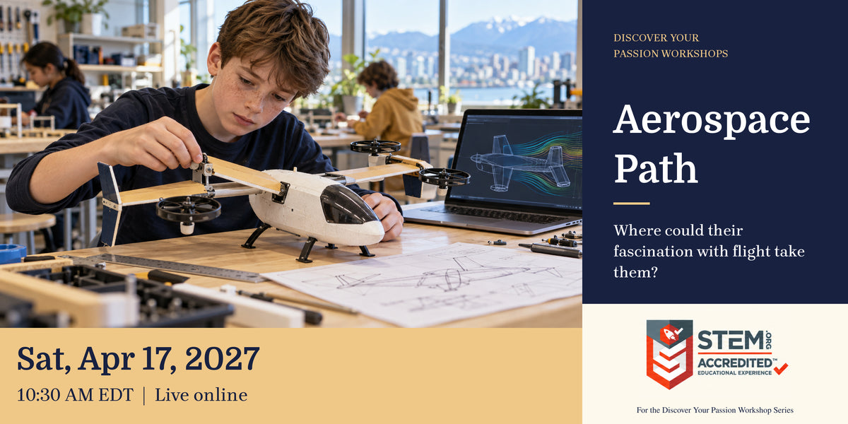 Illustrative career-exploration scene. Child adjusting an electric air-taxi model beside a digital aircraft design. Aerospace Path. Sat, Apr 17, 2027, 10:30 AM EDT.