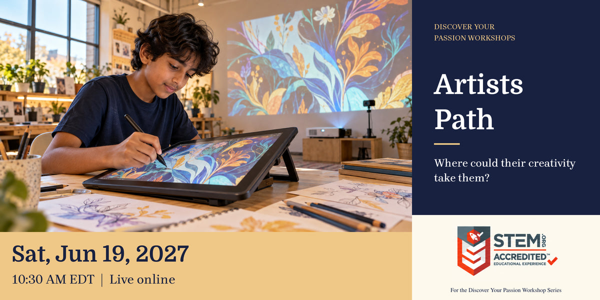 Illustrative career-exploration scene. Child creating digital art with a stylus and projected artwork. Artists Path. Sat, Jun 19, 2027, 10:30 AM EDT.