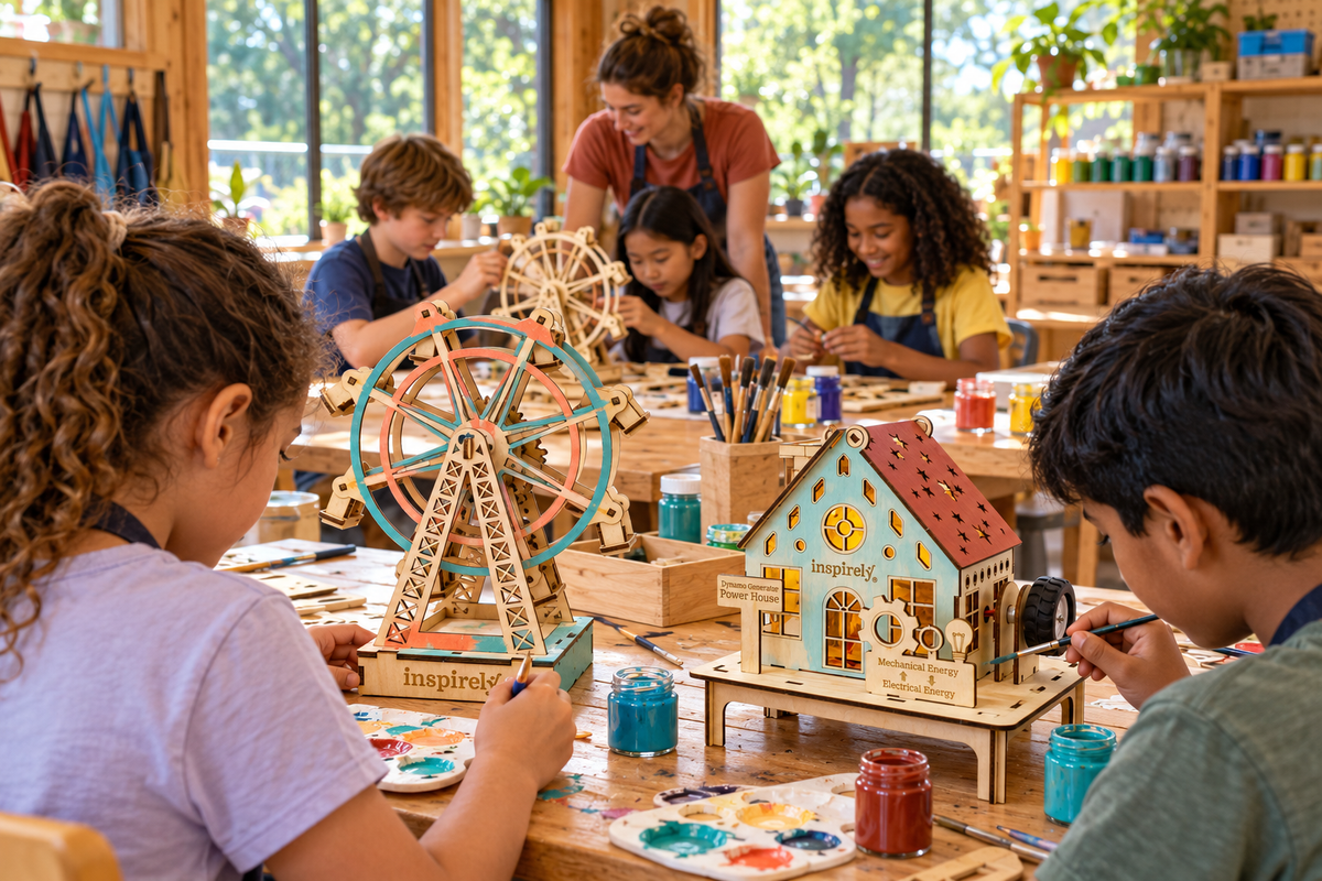 Campers paint an Inspirely Ferris Wheel and Dynamo Generator Power House in a bright creative maker studio.