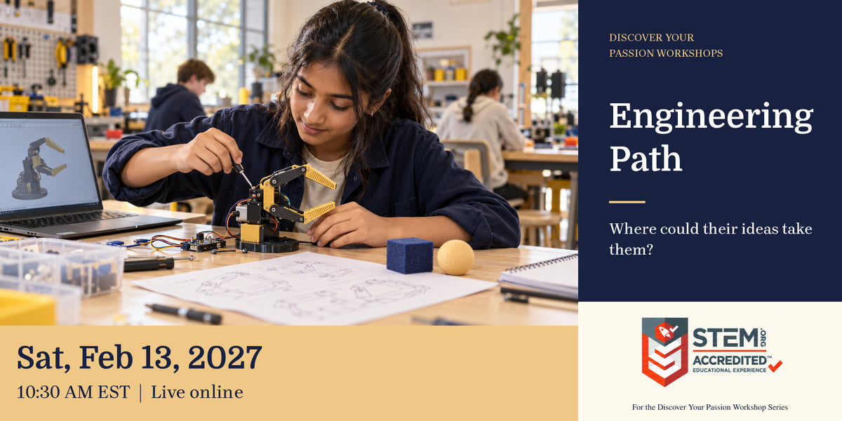 Illustrative career-exploration scene. Child adjusting a robotic gripper prototype beside a digital design on a laptop. Engineering Path. Sat, Feb 13, 2027, 10:30 AM EST.